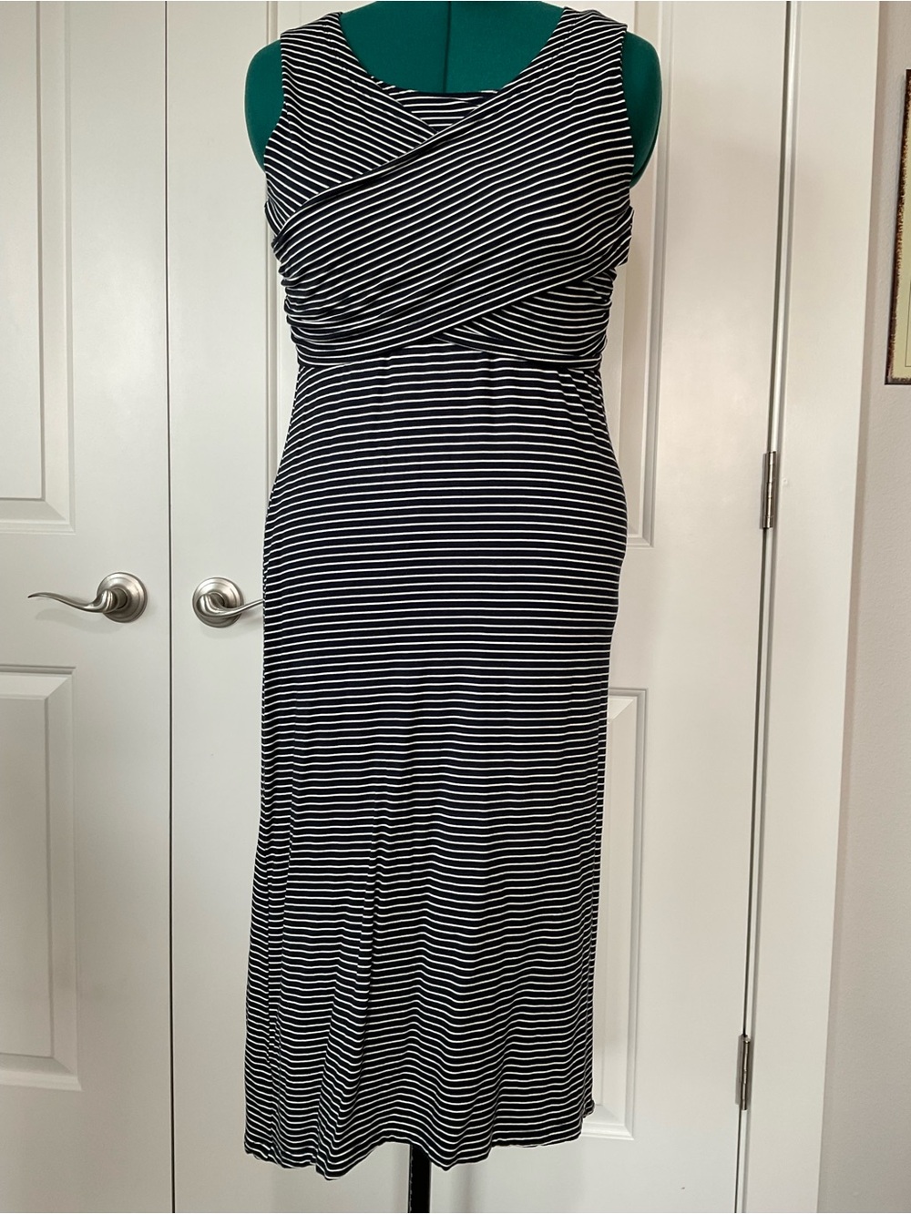 CAbi Blue & White Striped Cross-Over Midi Dress